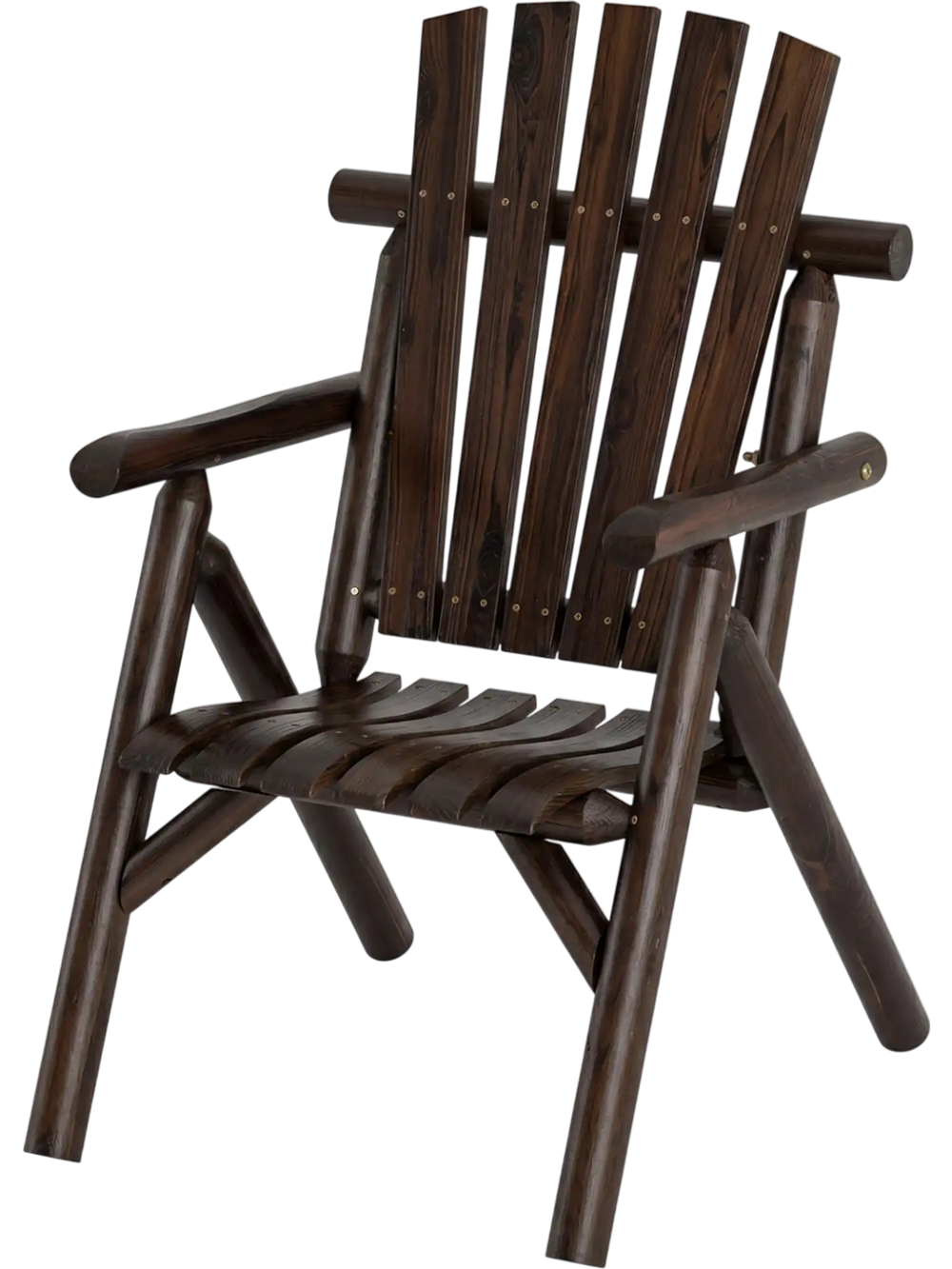 Log wood patio chair with slatted backrest offers ergonomic support and comfort, ideal for deck or backyard use.