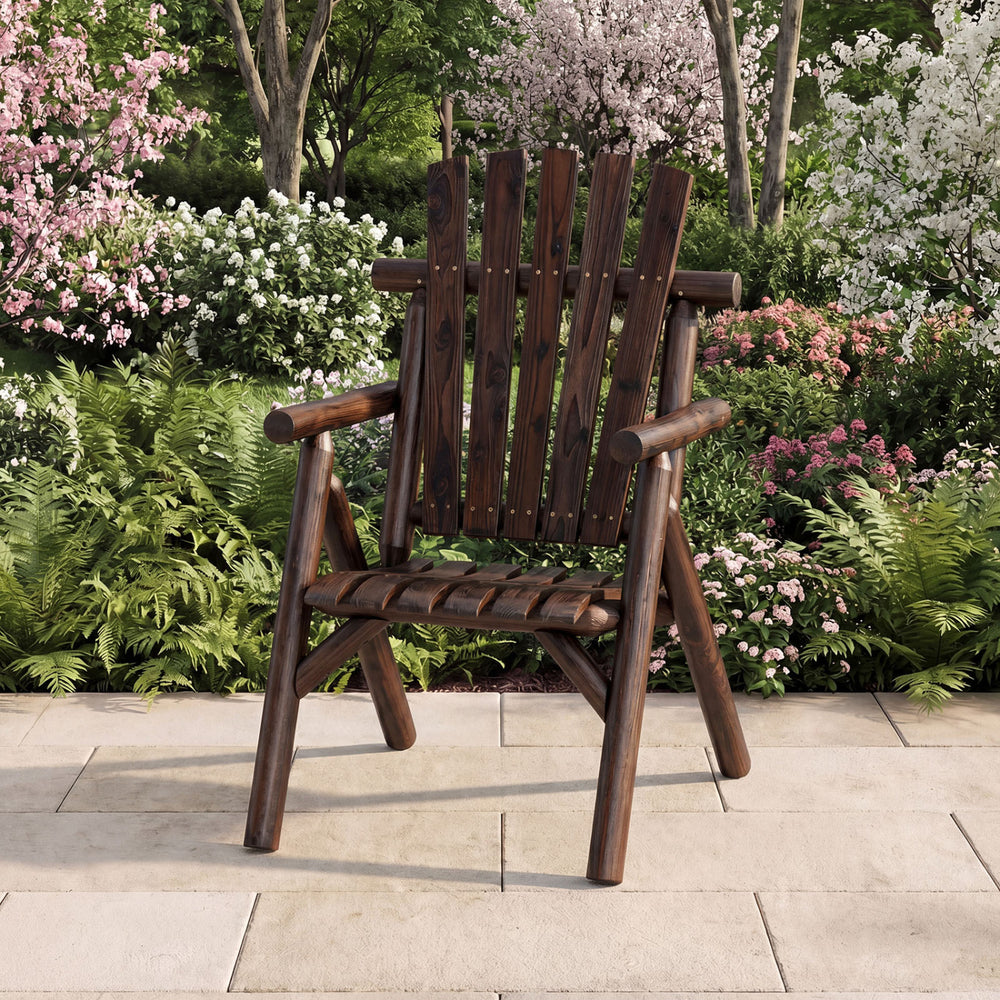 Brown log wood patio chair features a slatted backrest and ergonomic design, ideal for gardens, decks, and poolside relaxation.