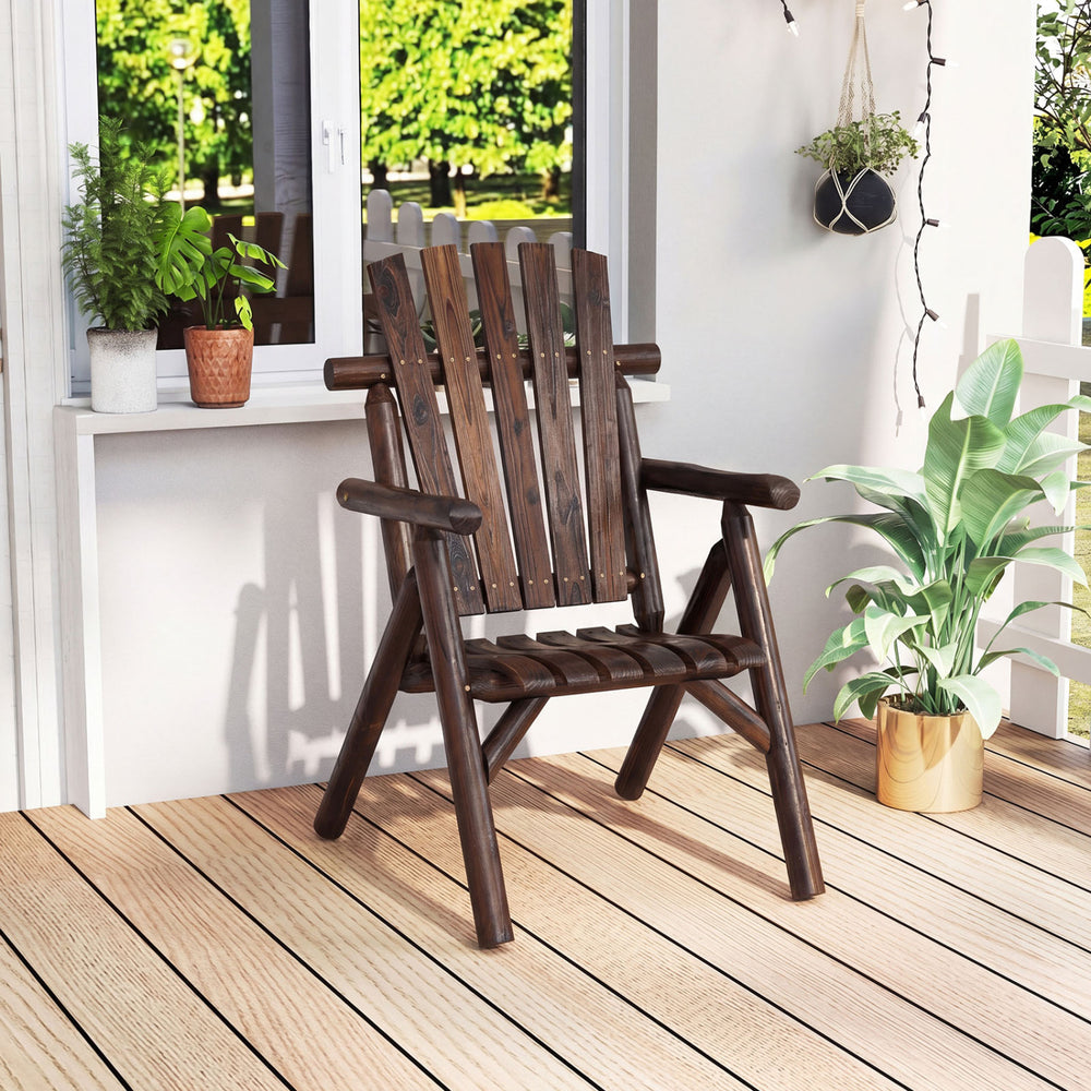 Brown log wood patio chair with slatted backrest, designed for comfort and stability, perfect for garden and porch use.