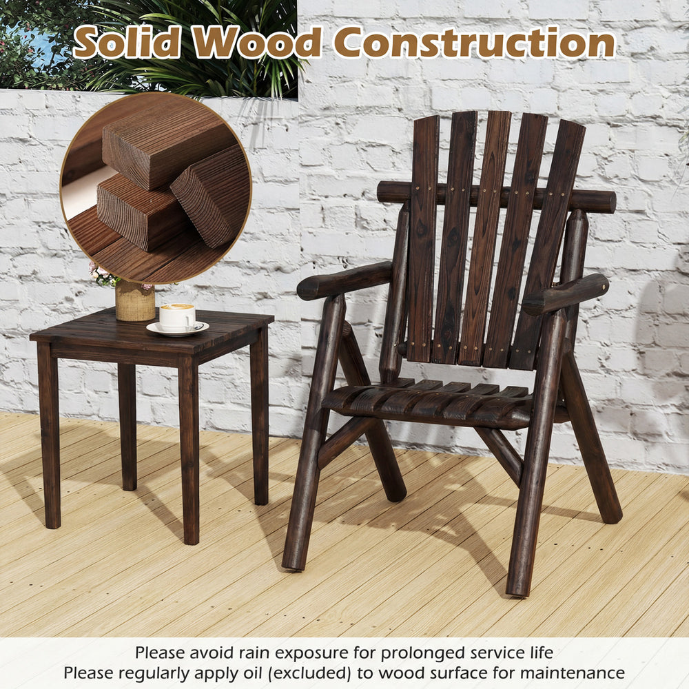 Log wood patio chair with slatted backrest offers ergonomic support and durability, perfect for outdoor relaxation.