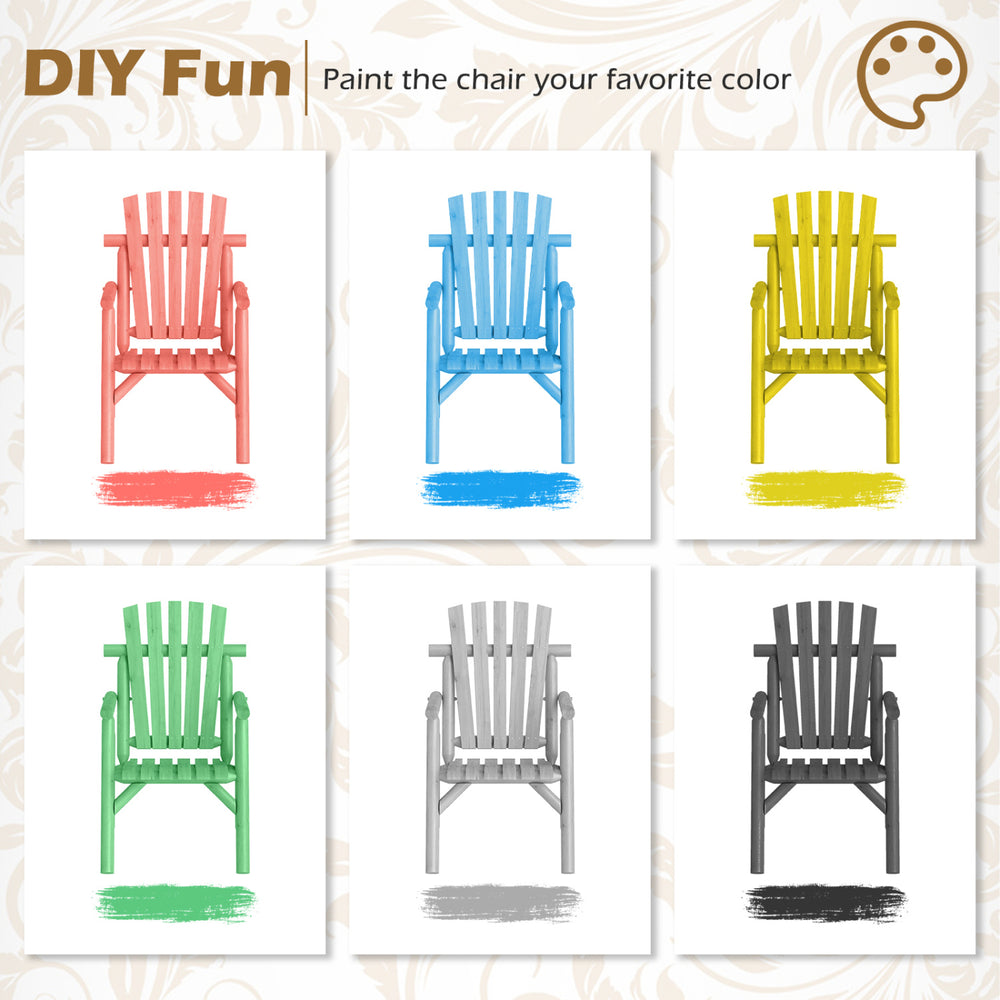 Log wood patio chair with slatted backrest, customizable paint options, perfect for deck or backyard relaxation.