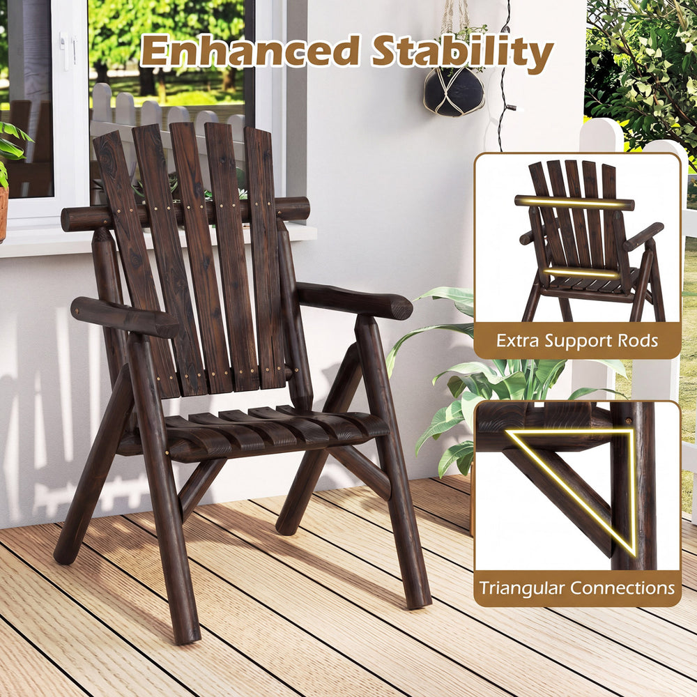Log wood patio chair with slatted backrest, featuring extra support rods for enhanced stability, ideal for outdoor relaxation.