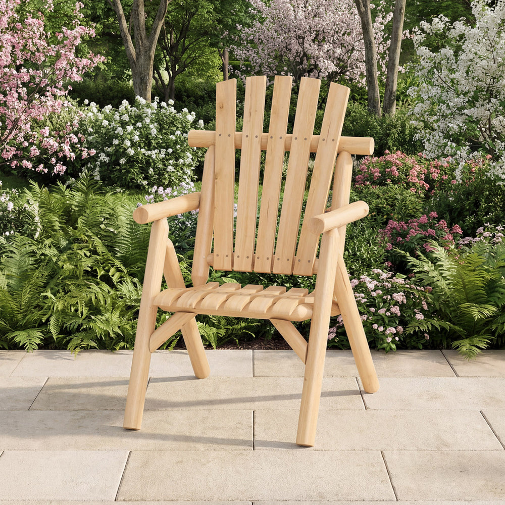 Log Wood Patio Chair with Slatted Backrest for Deck Backyard-Natural - Gallery View 1 of 10