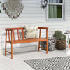 Eucalyptus wood bench with backrest and armrests, designed for outdoor use on patios or gardens, seating for two.