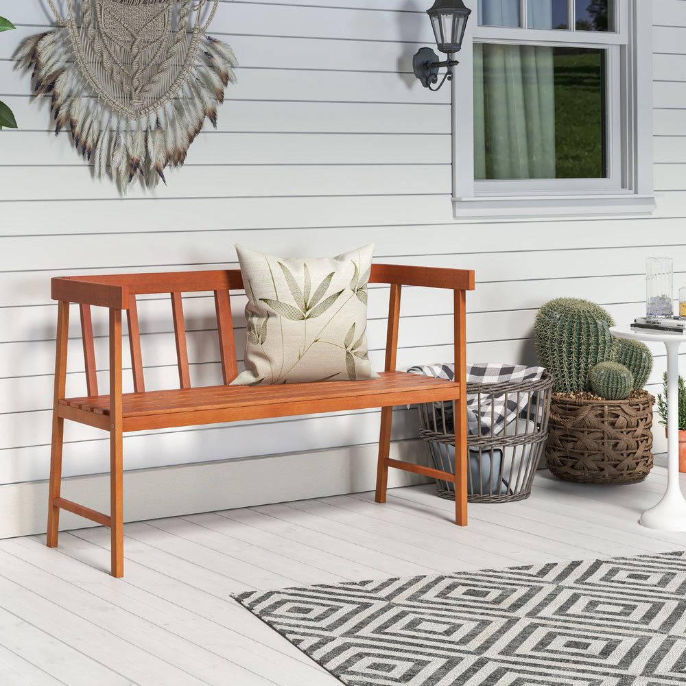 Eucalyptus wood bench with backrest and armrests, designed for outdoor use on patios or gardens, seating for two.