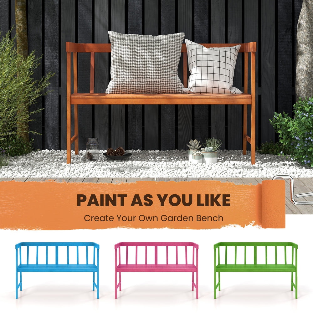 Outdoor eucalyptus wood bench with backrest and armrests, perfect for DIY painting in garden or patio settings.