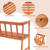 Eucalyptus wood bench with slatted design, wrap-around armrests, and reinforced crossbar for patio or garden use.