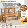2-person outdoor acacia wood glider bench with slatted design and reinforced crossbar, perfect for patio relaxation.