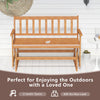 2-person outdoor acacia wood glider bench with slatted design, 800 lbs capacity, perfect for relaxing on the patio.