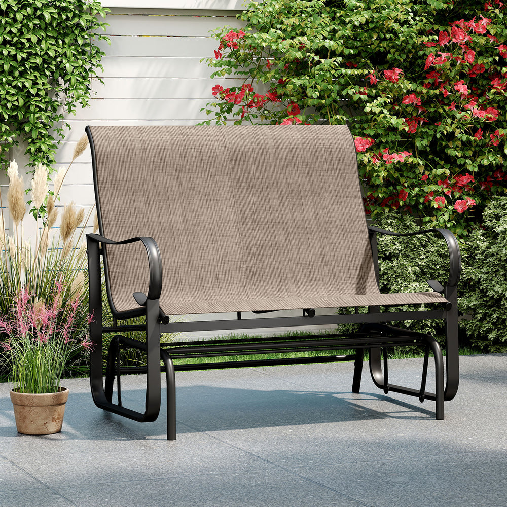 Side view of the 2-person outdoor glider bench with high backrest in brown, showcasing curved armrests for added.