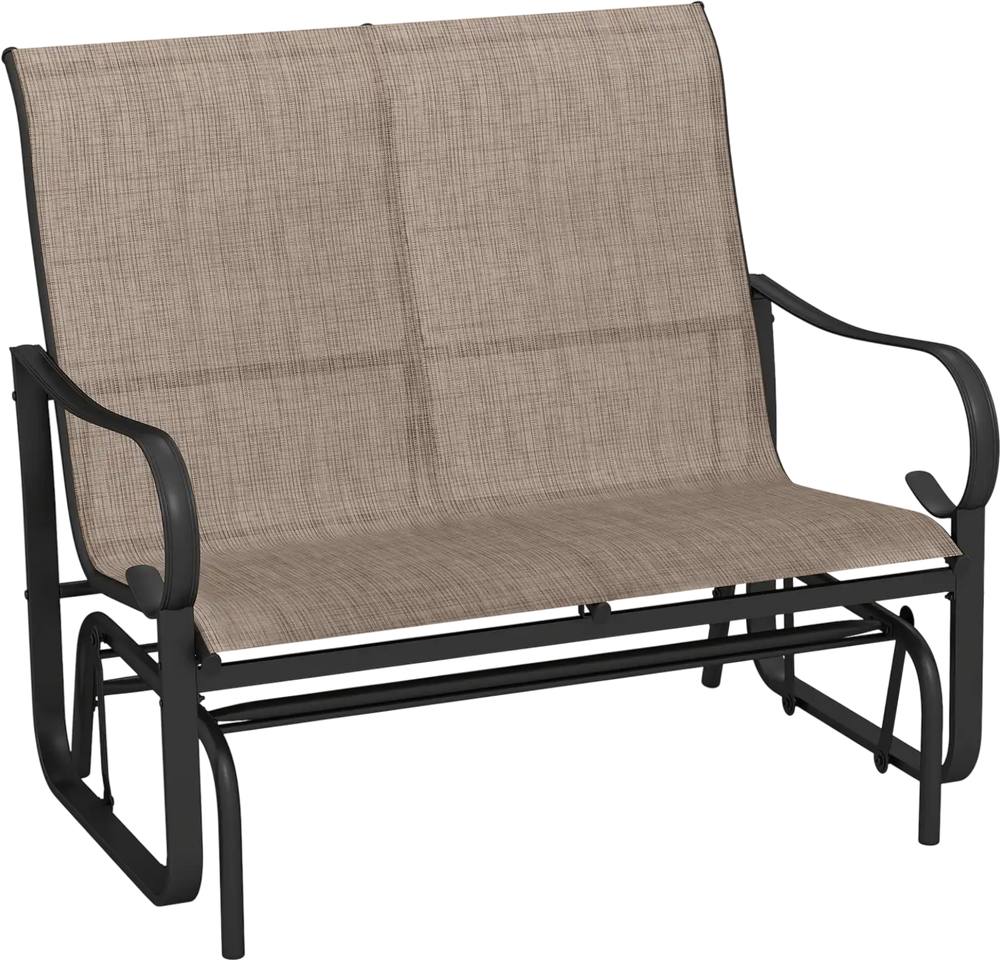 Two-person outdoor glider bench with high backrest in brown, featuring ergonomic design and durable, quick-drying.