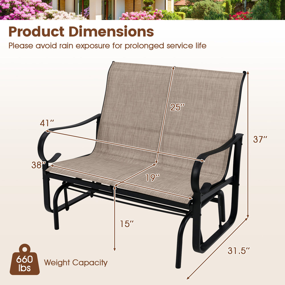 Dimensions of the 2-person outdoor glider bench with high backrest, featuring a 660 lbs weight capacity and ergonomic.