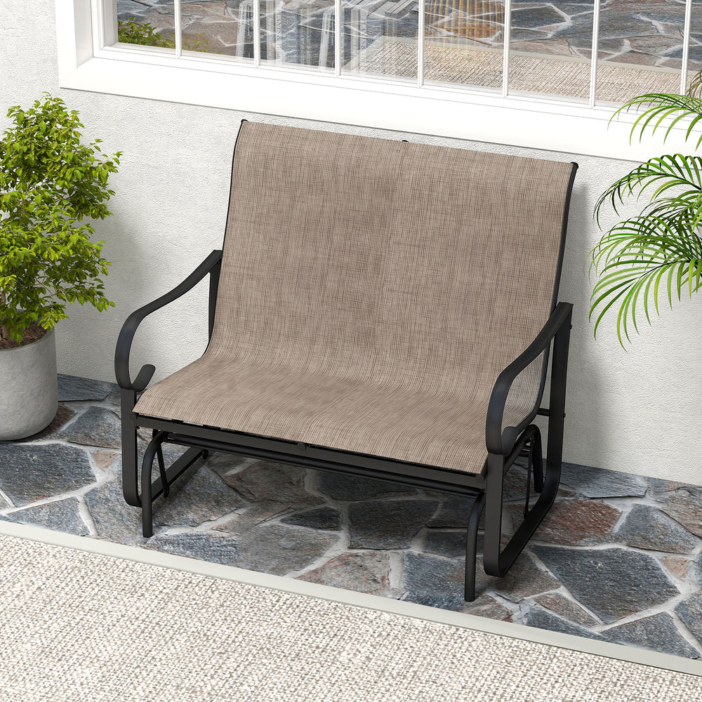 Two-person outdoor glider bench with high backrest in brown, featuring ergonomic design and durable metal construction.