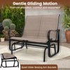 2-person outdoor glider bench with high backrest in brown, featuring gentle gliding motion for patio relaxation.