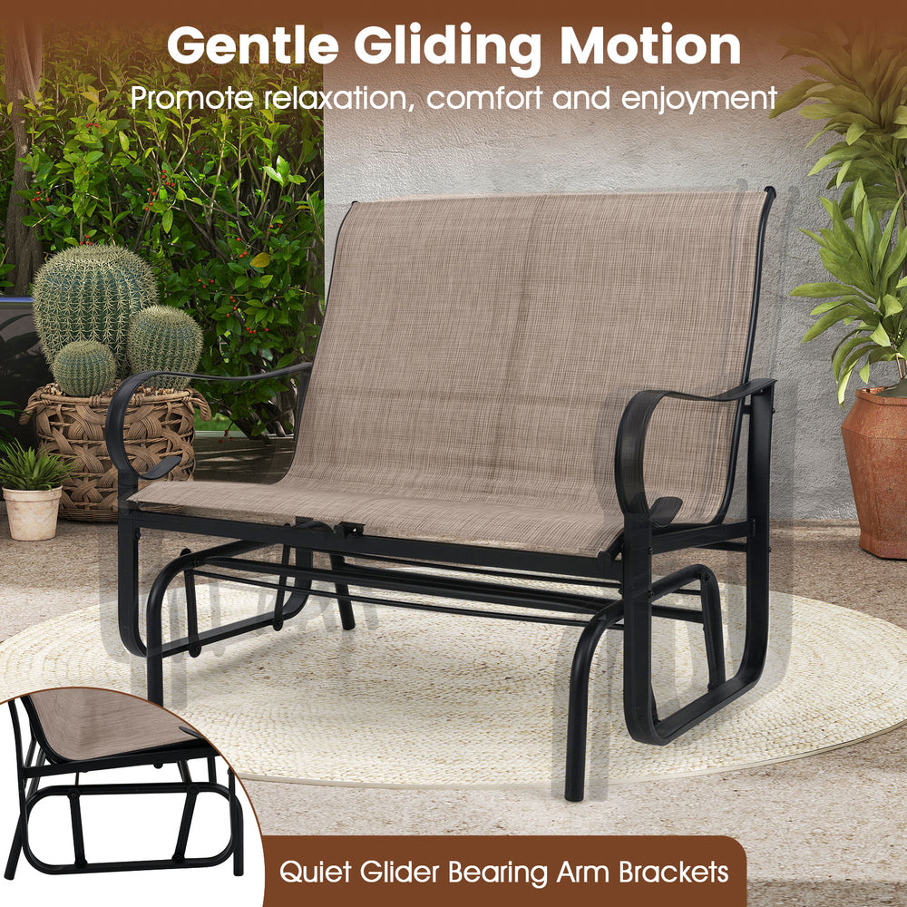 2-person outdoor glider bench with high backrest in brown, featuring gentle gliding motion for patio relaxation.