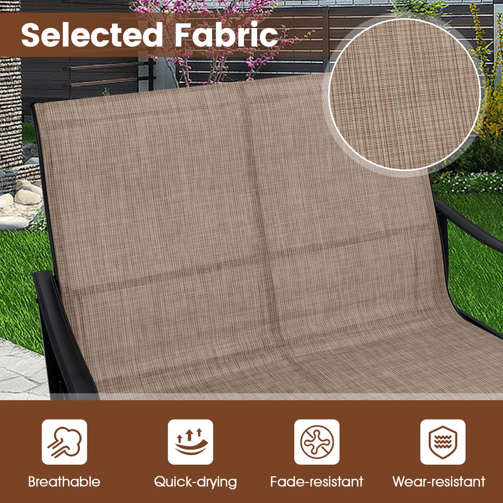 Close-up of breathable, quick-drying fabric on a 2-person outdoor glider bench, ideal for patio relaxation.