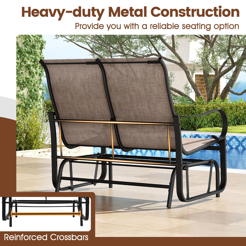 2-person outdoor glider bench with high backrest, heavy-duty metal construction, perfect for patio relaxation.