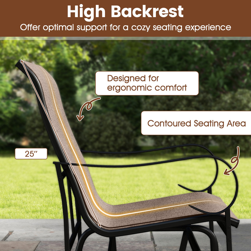 High backrest of the 2-person outdoor glider bench, designed for ergonomic comfort and support, perfect for patio.