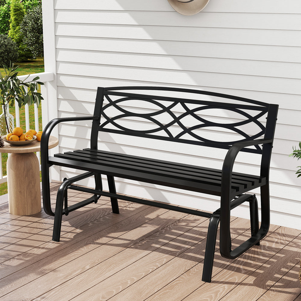 Black outdoor glider bench with a smooth gliding motion and curved armrests, ideal for relaxing on the patio or balcony.