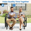 2-person outdoor glider bench with black metal frame, ergonomic design, holds up to 660 lbs, perfect for patio.