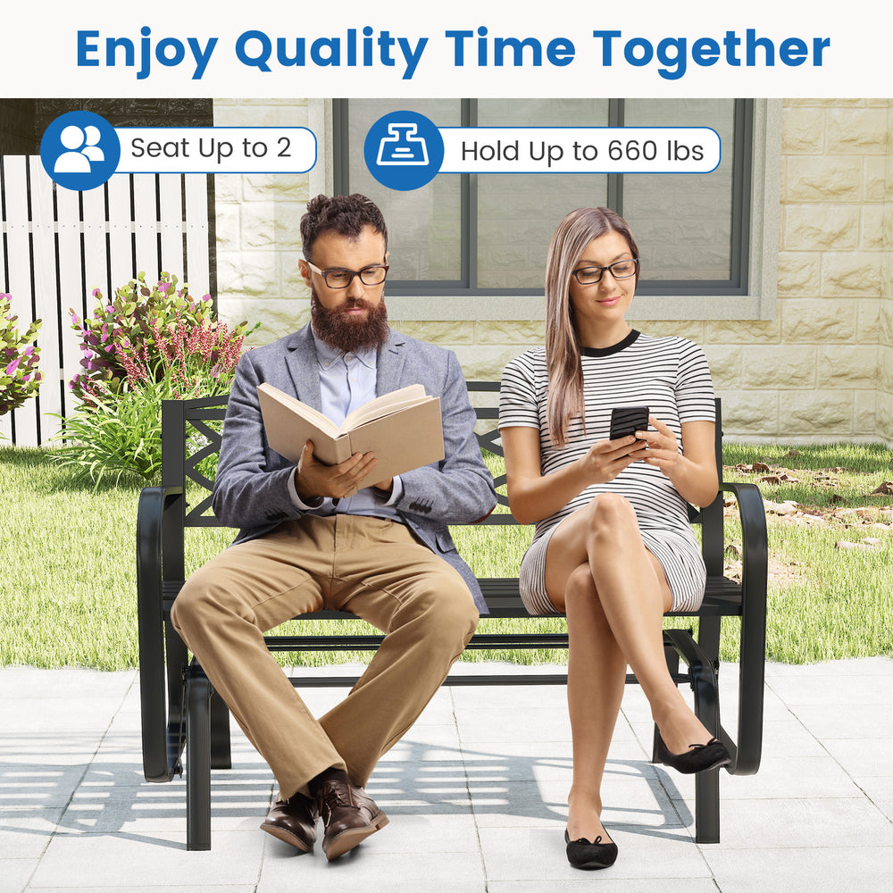 2-person outdoor glider bench with black metal frame, ergonomic design, holds up to 660 lbs, perfect for patio.