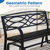 Black 2-person outdoor glider bench featuring a geometric pattern, ideal for patio relaxation and sturdy support.