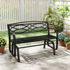 Black metal frame 2-person outdoor glider bench with geometric design and slatted seat, perfect for garden relaxation.