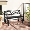 Black 2-person outdoor glider bench with ergonomic design and geometric pattern, perfect for patio relaxation.