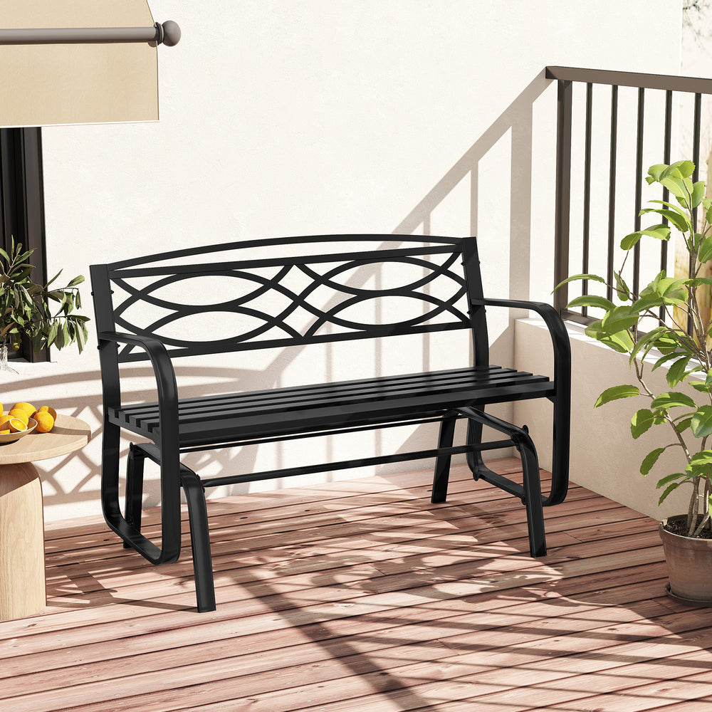 Black 2-person outdoor glider bench with ergonomic design and geometric pattern, perfect for patio relaxation.