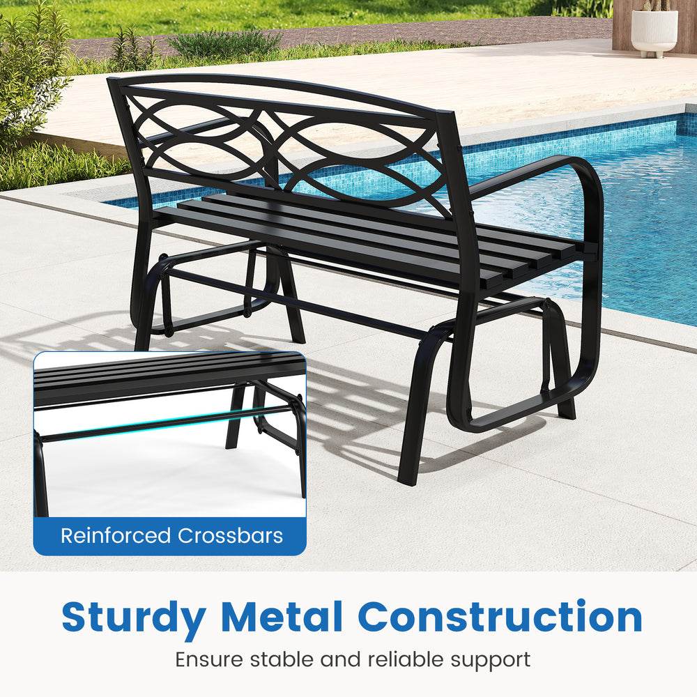 2-person outdoor glider bench with black metal frame, featuring ergonomic design and sturdy construction for patio.