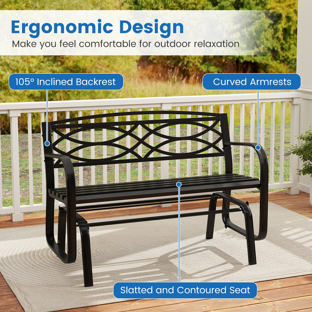2-person outdoor glider bench with ergonomic design, slatted seat, and curved armrests for comfortable patio relaxation.