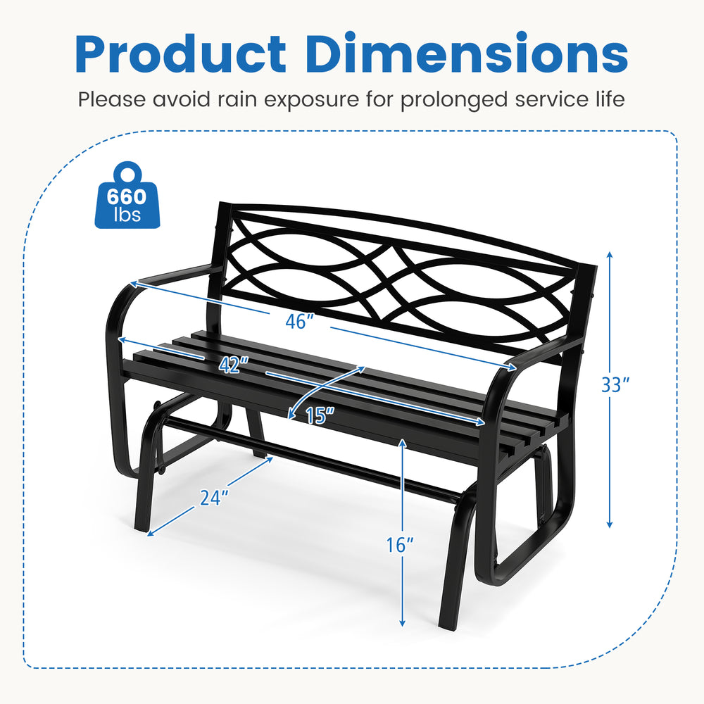 2-person outdoor glider bench dimensions showing a black metal frame, ergonomic design, and 660 lbs capacity for patio.