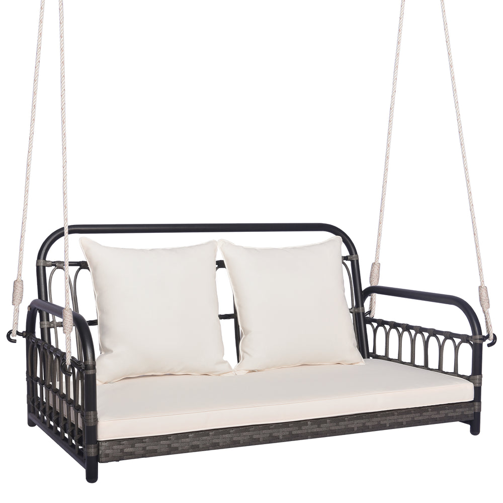 Two-person outdoor hanging chair in gray with soft cushions, suitable for porches and gardens, featuring durable PE.