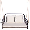 Close-up of the soft padded cushions on the gray 2-person outdoor hanging chair, designed for comfort and durability.