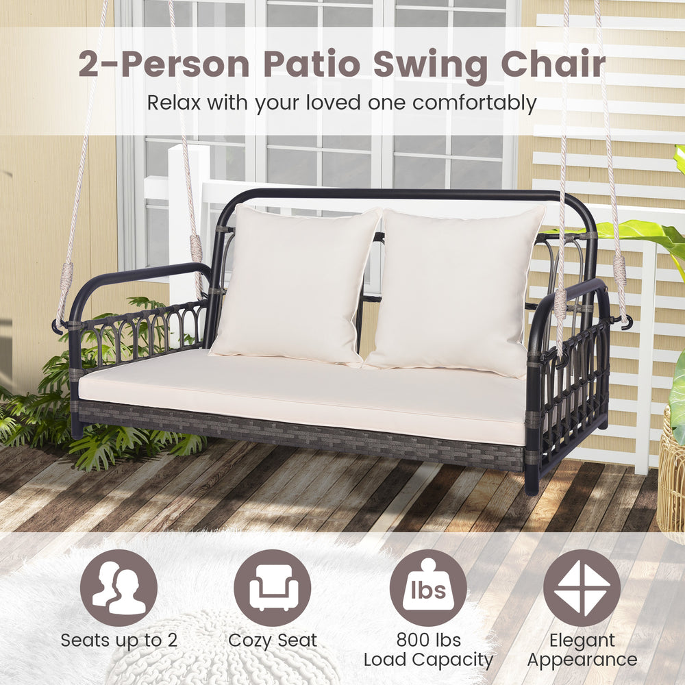 Two-person outdoor hanging chair in gray with soft cushions, suitable for porch or garden, supports 880 lbs.