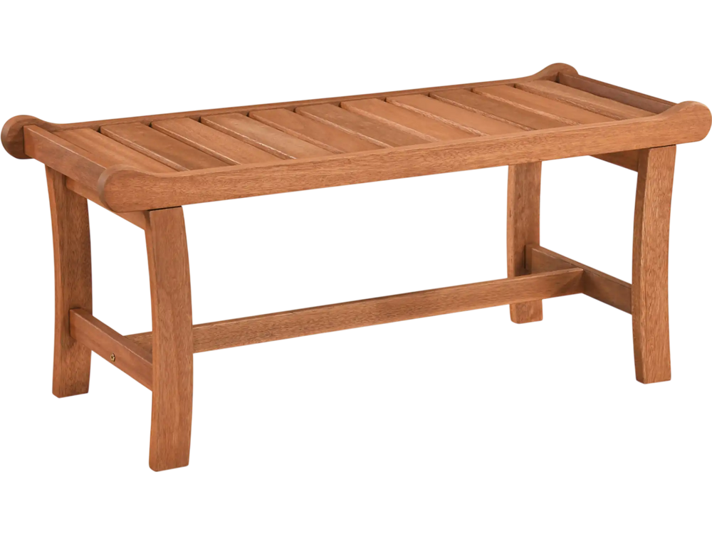 Outdoor wood bench with slatted seat and raised edges, featuring sturdy construction for 2-person seating in any.