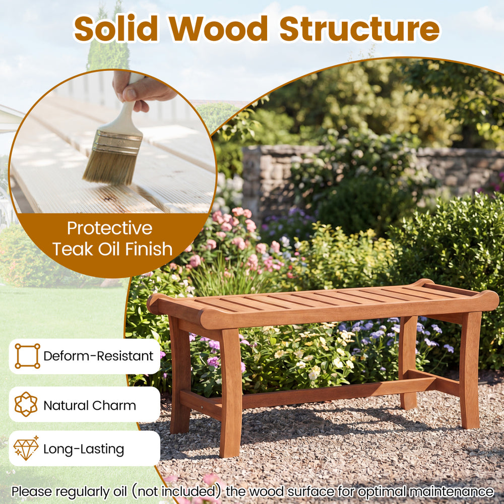 2-person outdoor wood bench with slatted seat, solid hardwood, and teak oil finish for lasting durability and comfort.