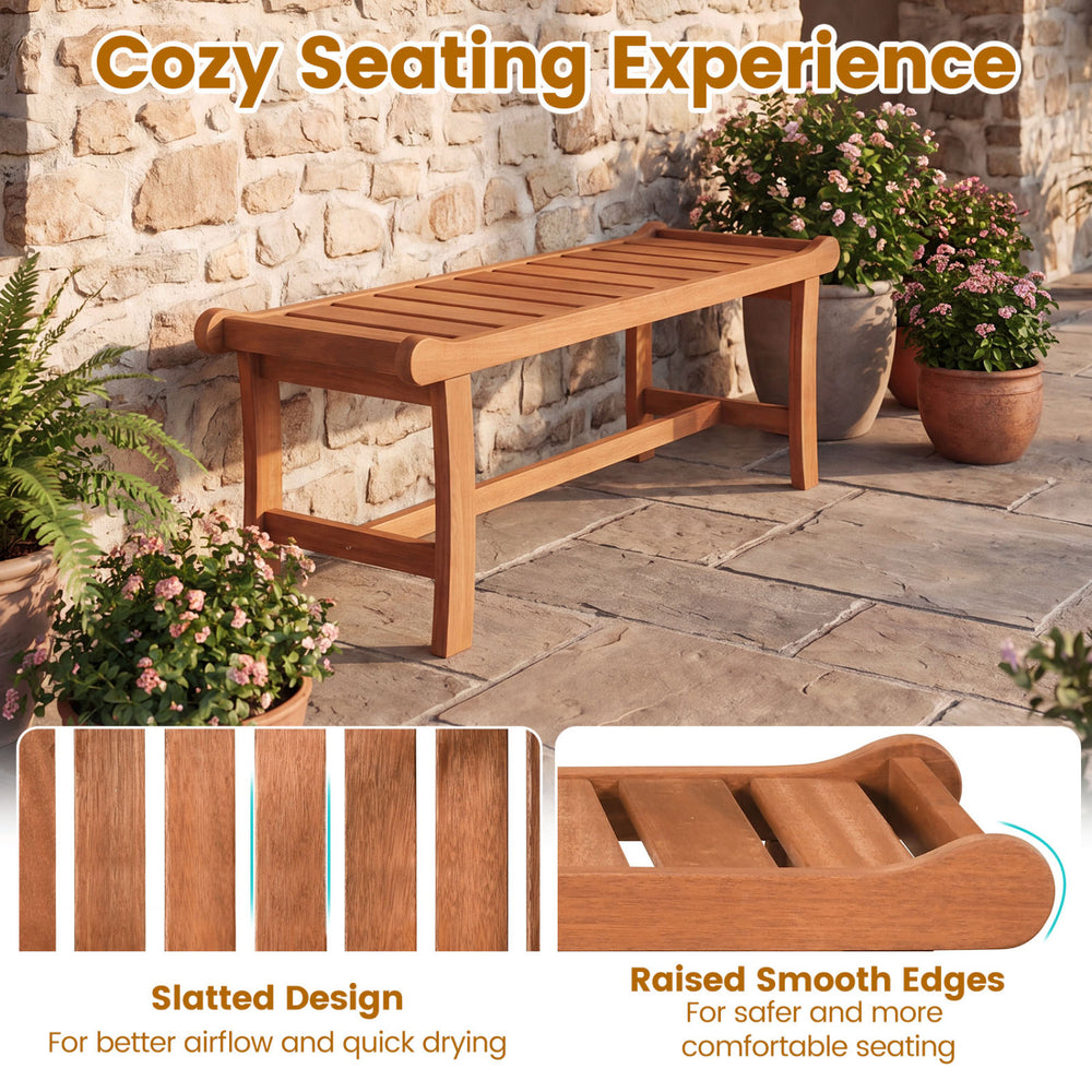 2-person outdoor wood bench with slatted seat, smooth edges, and natural wood finish for versatile indoor and outdoor.