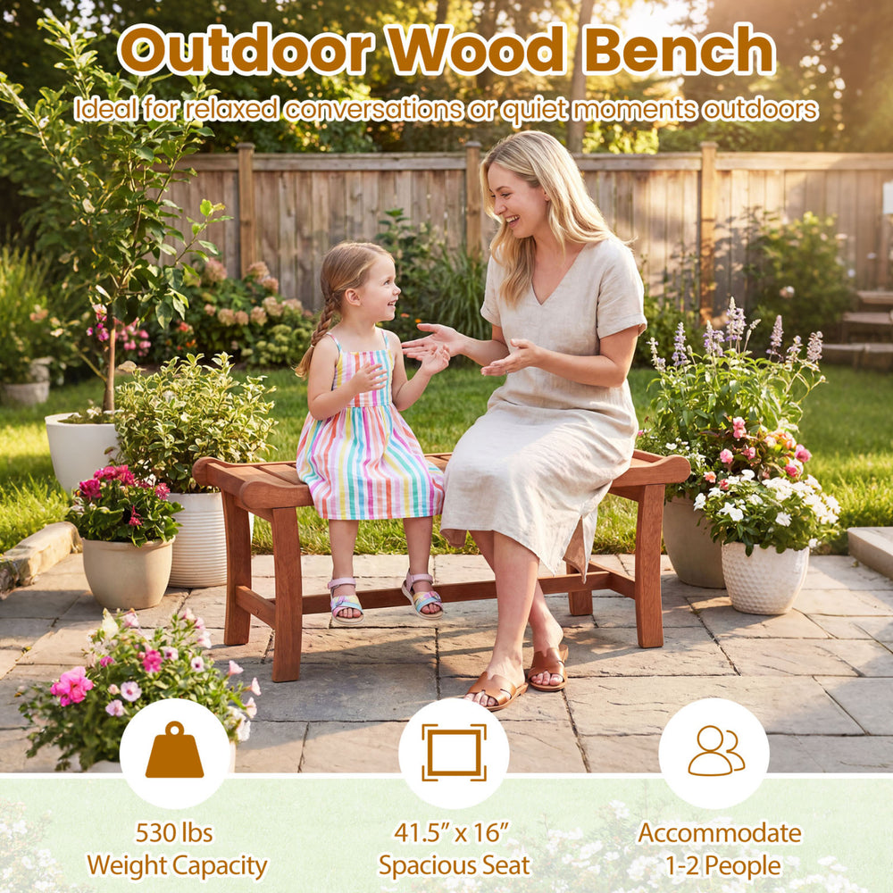 2-person outdoor wood bench with slatted seat, accommodating 530 lbs, ideal for relaxed conversations in any setting.