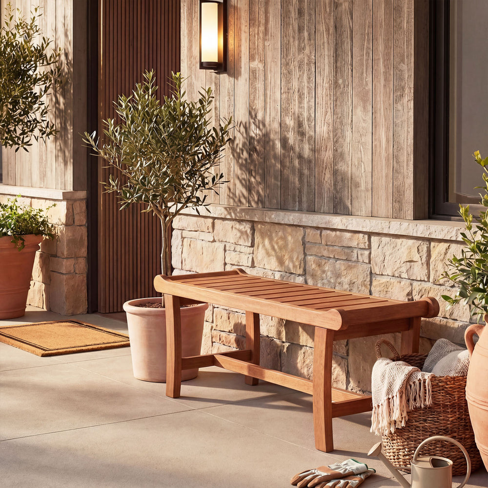 2-person outdoor wood bench with slatted seat, natural finish, perfect for patio or garden seating.