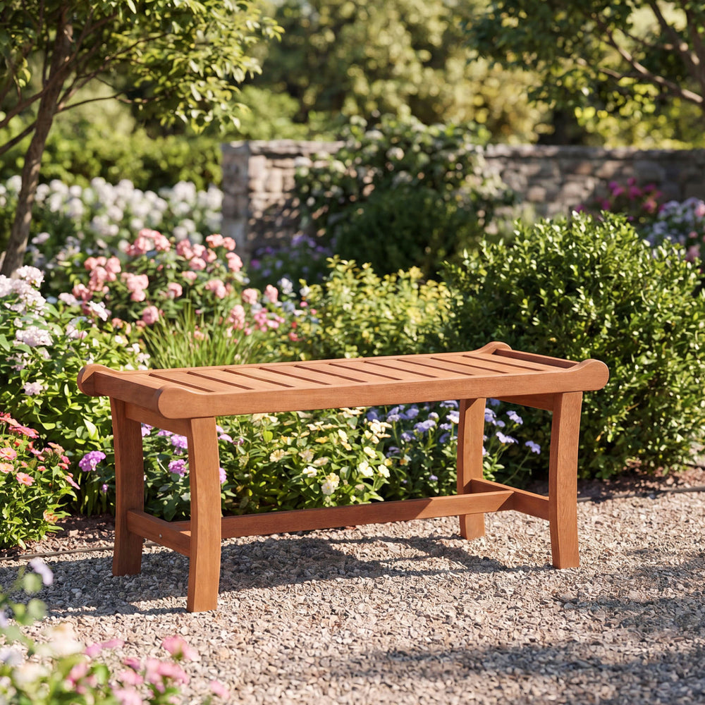 2-person outdoor wood bench with slatted seat, natural finish, ideal for gardens or patios, supports up to 530 lbs.
