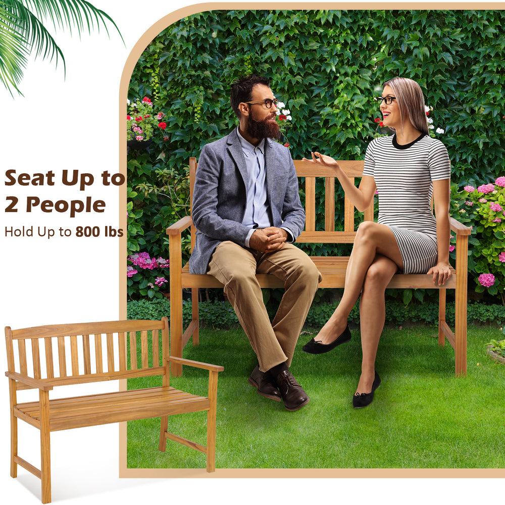 2-person patio acacia wood bench with backrest and armrests, holding up to 800 lbs, ideal for garden or backyard.