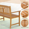 Acacia wood bench with ergonomic armrests, slatted design, and reinforced crossbar, ideal for patio or garden seating.