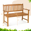 Acacia wood 2-person patio bench with backrest and armrests, featuring a slatted design for breathability and comfort.