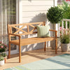 Acacia wood 2-person patio garden chair with armrests, ergonomic backrest, and slatted seat for outdoor relaxation.