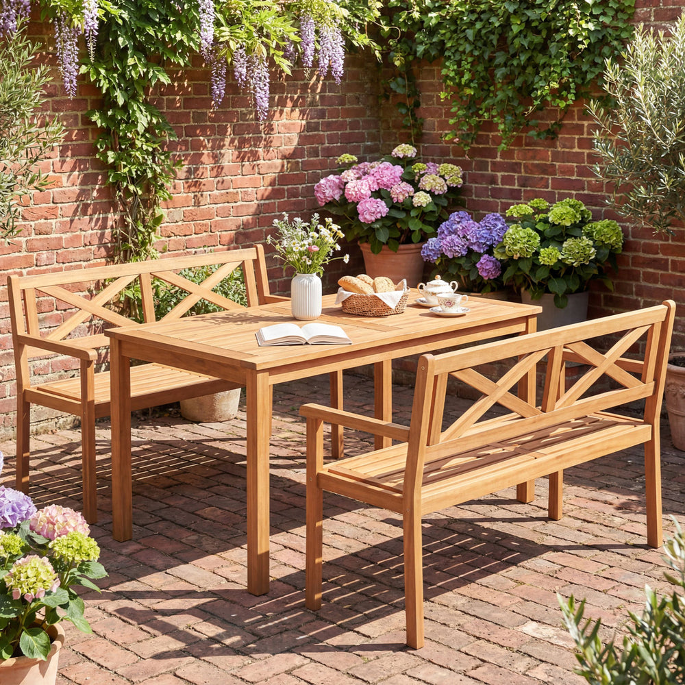 Acacia wood garden chair with armrests, showcasing natural grain, perfect for backyard relaxation and outdoor.