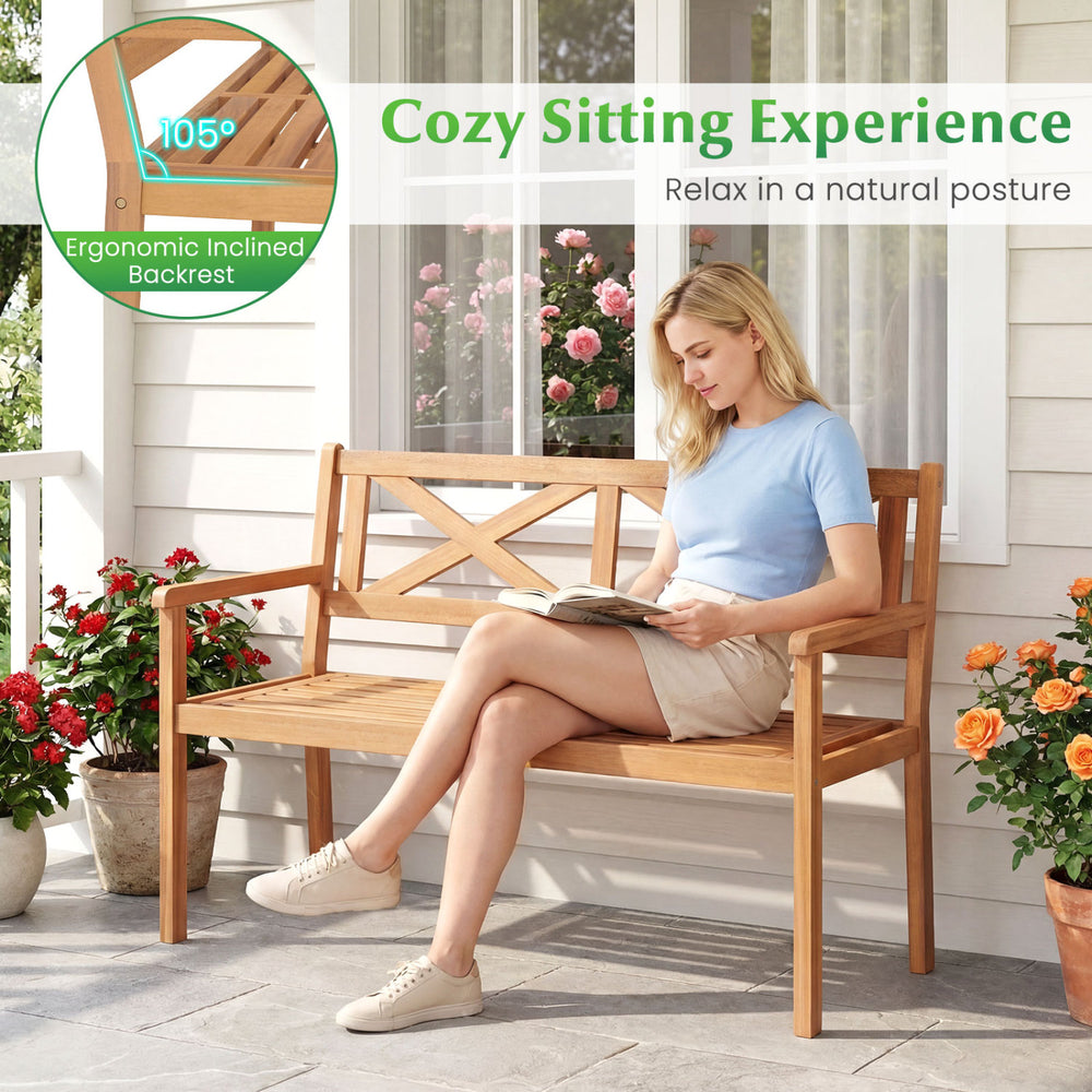 2-person patio chair made of acacia wood with armrests and ergonomic backrest, perfect for backyard relaxation.