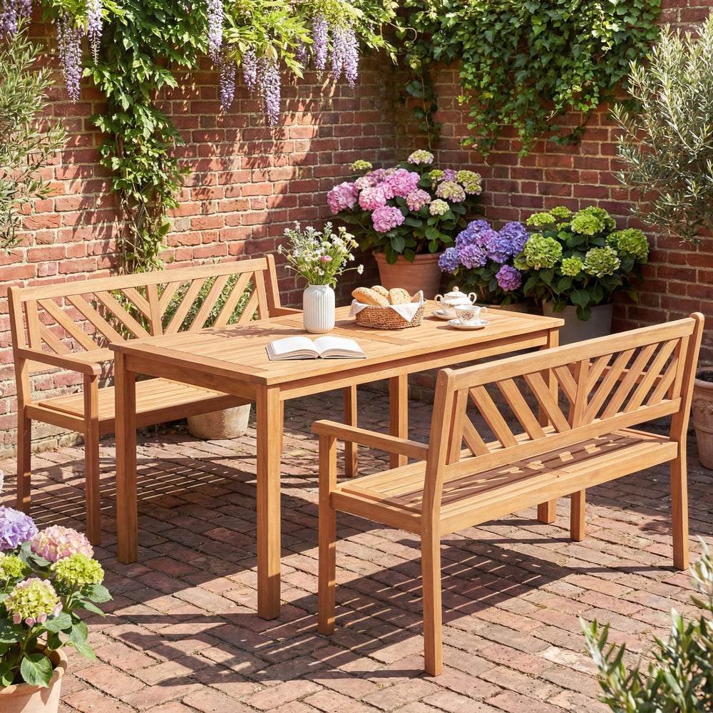Acacia wood patio garden chairs with armrests and backrest, perfect for outdoor relaxation on the porch or patio.