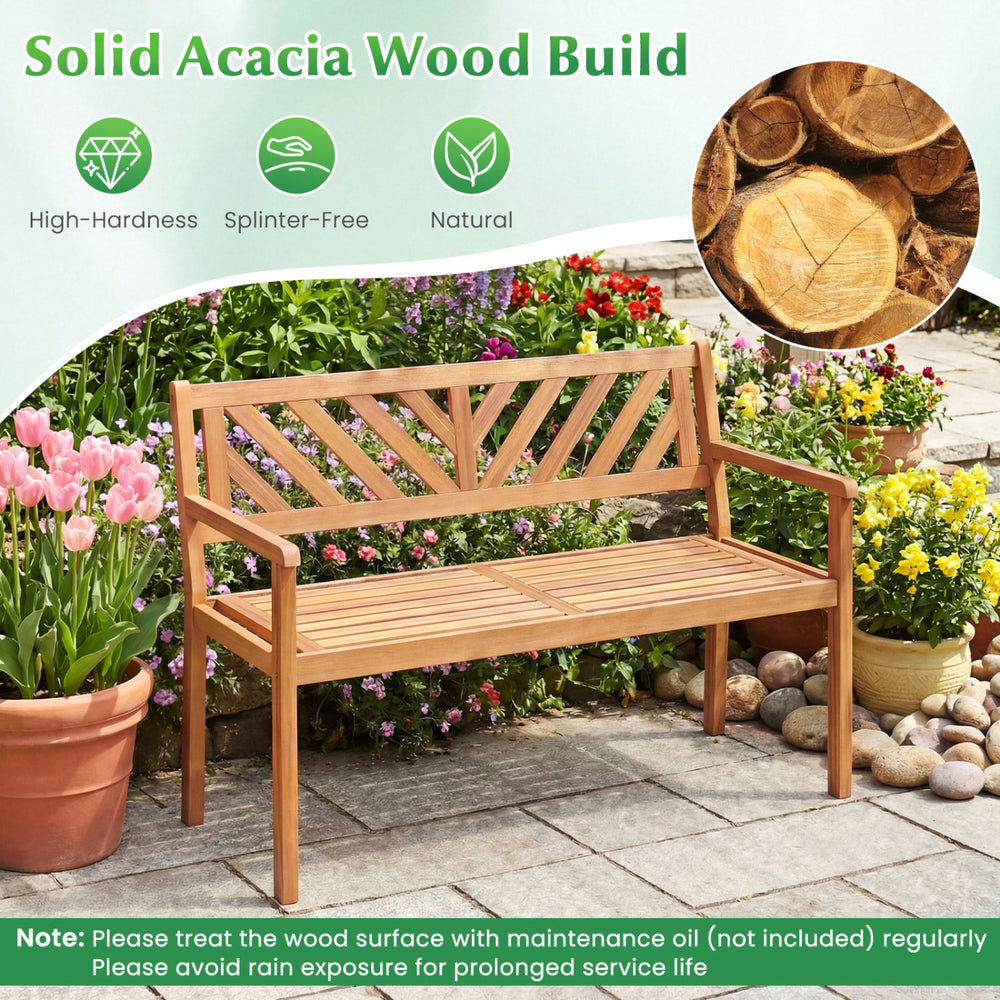 2-person patio acacia wood garden chair with armrests, featuring a slatted seat design for outdoor comfort and style.