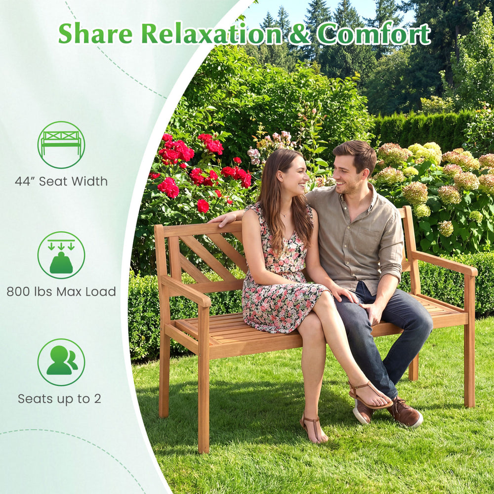 2-person patio acacia wood garden chair with armrests, 44-inch wide seat, ideal for porch or outdoor relaxation.